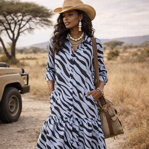 Zara zebra print blue black button front shirt dress SZ XS Safari Boho